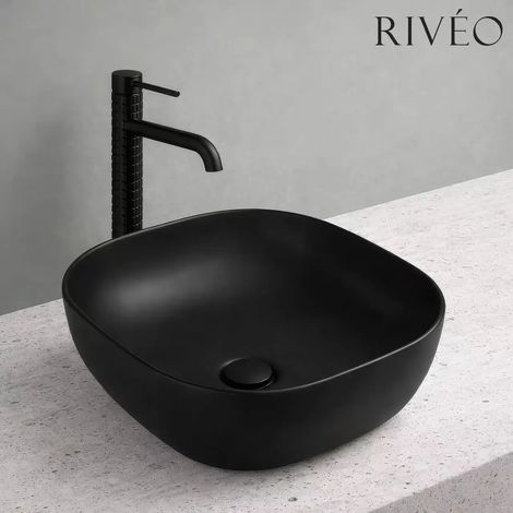Riveo-Vasque à poser carrée noire mate 42,5 × 42,5 cm – Avec bonde noire incluse (1/2)