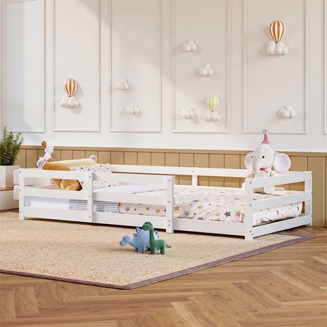 Cama infantil Montessori de 90 x 200 cm - Estructura de cama a ras de suelo con barrera de seguridad de pino macizo - Fácil montaje - Blanco (1/5)