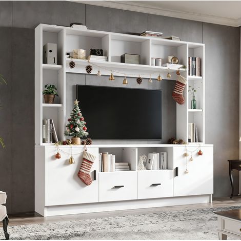Wand-TV-Möbel 180 x 35 x 170 cm mit 2 Schränken, 2 Schubladen und 11 Fächern, weiß HAVRYA (1/5)