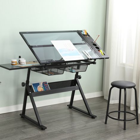 Adjustable tempered glass drafting printing table with chair BLACK (1/5)