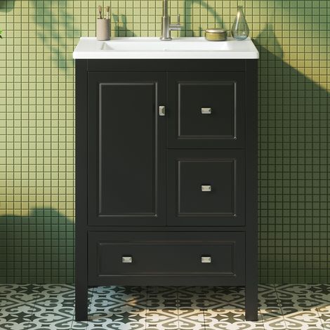Meuble vasque salle de bain 62x47x90 cm en MDF noir, avec rangement pour salle de bain FloraGrace (1/5)