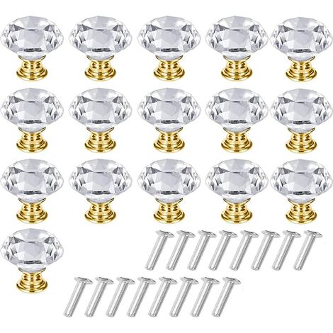 16 Pièces Poignée d'Armoire Cristal, Bouton de Placard Cristal, Poignée de Tiroir en Cristal, Solide Bouton de Meuble en Cristal Transparent avec Vis pour Coiffeuse, Armoire(Doré, Transparent)