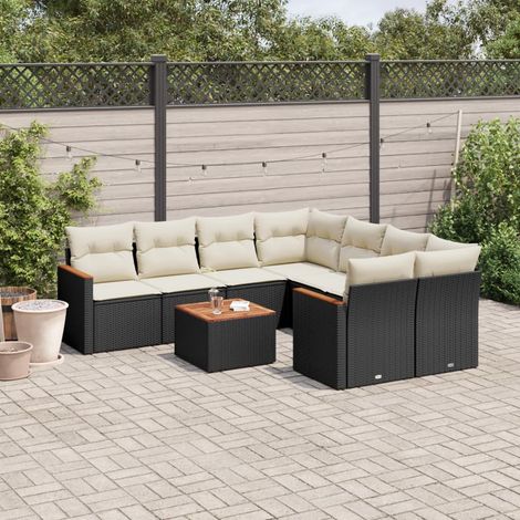 Ensemble Jardin 9 Places Noir Résine Tressée avec Table Acacia et Coussins Crème - Salon Extérieur Modulaire avec Rangement (1/3)