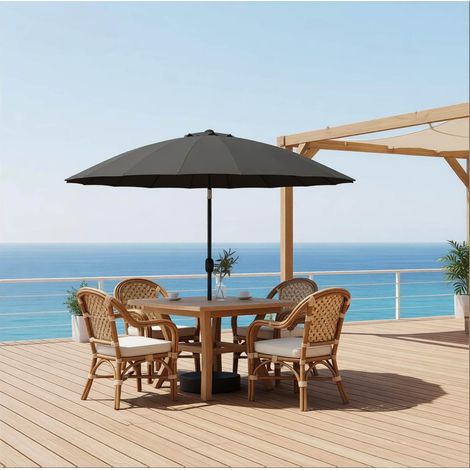 Parasol de jardin 167x273 cm avec manivelle, 18 baleines en fibre de verre et inclinaison, en polyester, gris foncé, sans base (1/5)