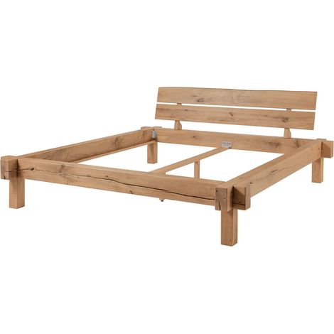 Massivmoebel24 – Lit double 180x200 en chêne sauvage blanchi huilé – Cadre à lattes robuste – Compatible avec tous types de matelas standard