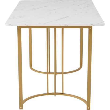 Table de repas 5 pièces, ensemble table et 4 chaises, table de cuisine moderne 140x80 cm, pieds en métal doré, plateau MDF blanc, chaises de salle à manger en velours noir (1/5)