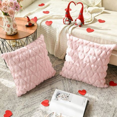 2er-Set dekorative Kissenbezüge in Herzform aus weichem Jacquard-Kunstfell – 45 x 45 cm – Für Sofa – Rosa