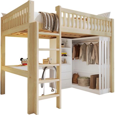 Lit mezzanine 140x200 cm avec bureau, armoire, 3 tiroirs, rangements ouverts, échelle et garde-corps, en pin et MDF, sans matelas  CHICFURN (1/5)