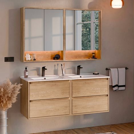 Badmöbel-Set Doppel-Einbauwaschbecken 120cm und Spiegelschränke Edmé Bois (1/5)