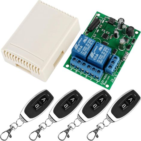 DC 12 V 24 V 2CH Télécommande sans fil 2 canaux, DC 6-30 V 10 A Relais sans fil Récepteur avec 4 émetteurs de commande radio, module relais RF Interrupteur Transmetteur pour porte de garage (1/5)