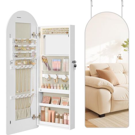 Grand organiseur à bijoux, armoire à bijoux LED, miroir bombé avec rangement, verrouillable, coins arrondis, miroir intérieur, blanc nuage JJC020W01 (1/5)