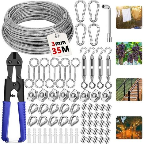 35M Câbles en Acier Inoxydable à Suspendre Kit,304 Cable Inox 3mm avec Tendeur Cable, Serre Cable Acier,Câble en Acier Gainé pour Treillis Plante Grimpante Exterieur,Corde a Linge,Garde Corps (1/5)