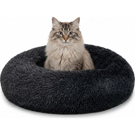 lionto Donut Katzenkissen, rundes Bett mit Plüschbezug & Anti-Rutsch-Boden, erhöhter Rand für Geborgenheit, 50 cm Durchmesser, dunkelgrau