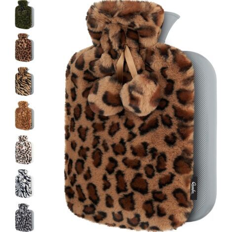 Bouillotte Eau Chaude avec Housse en Peluche Moelleuse et Douce - Bouillotte Peluche Grande Capacité 1,8 L - Boullote Chauffante pour Soulagement de la Douleur (leopard brown) (1/5)