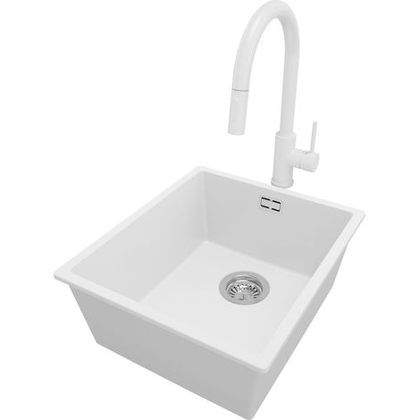 PRIMAGRAN Evier Cuisine en Granit 41x47cm, Lavabo 1 bac + Robinet 40x20cm + Kit de Vidage, Évier à Encastrer au meuble 45cm - London Slim, Blanc (1/5)