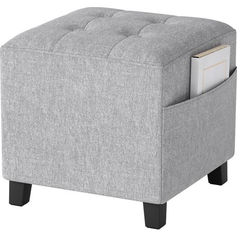 Small Square Footstool with Side Pocket, Linen Upholstered Ottoman, Rubber Wood Legs, Padded Seat for Living Room and Bedroom, 35x35x35cm, Light Grey