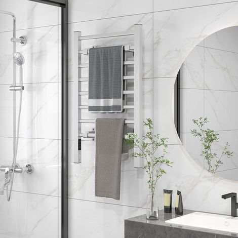 Sèche-serviettes électrique mural ou au sol 150W, 8 barres, minuterie 2-4h, 53x35x90 cm, argenté (1/5)