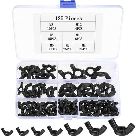 125 Pcs Ecrou Papillon, Écrou Papillon à Oreilles, Écrous à Papillons, Écrous à Ailettes, Ecrou Ailette Métrique pour Vis Boulons, Fixation de Appareils électroniques, M3 M4 M5 M6 M8 M10 M12 (Noir) (1/5)