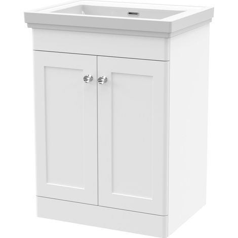 Nuie Classique Floor Standing 2-Door Vanity Unit with Classic Basin 600mm Wide Satin White - 0 Tap Hole (1/5)