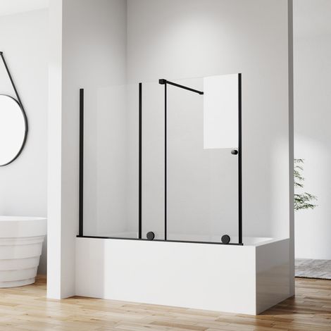 Duschwand für Badewanne 115x140cm schiebetür Schwarz Duschabtrennung Duschtrennwand mit 6mm ESG Sicherheitsglas, Schiebetüren Breite von 70 bis 115 cm