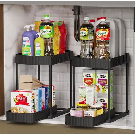 Ensemble de 2 étagères extensibles, organisateur sous évier, rangement pour cuisine et salle de bain –