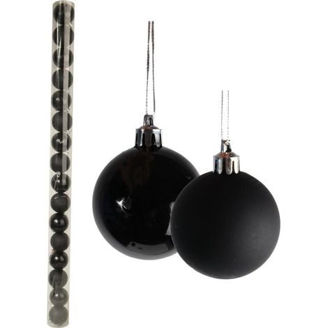 Set mit 16 schwarzen Kunststoffkugeln – gemischt matt und glänzend – in einer Röhre, 6 cm (1/3)