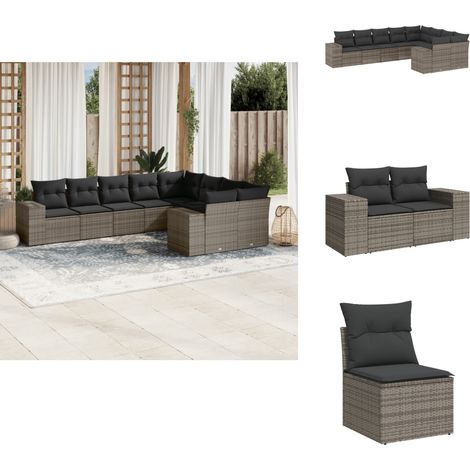 Salon de jardin 9 pcs avec coussins gris résine tressée - Salon De Jardin - Salon Extérieur - Ensemble De Canapés - Meuble De Jardin - Résine Tressée (1/5)