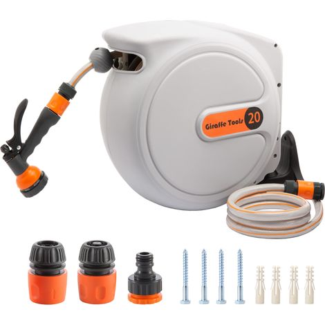 Dévidoir de tuyau d'arrosage rétractable à fixation murale - 20 + 2 m - Enrouleur automatique avec pistolet d’arrosage 7-en-1 et support pivotant (1/5)