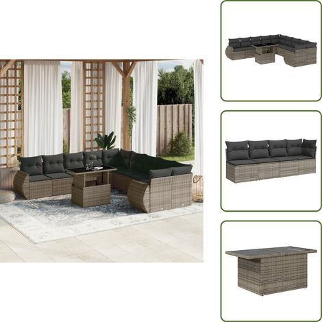 The Living Store 11-tlg. Garten-Sofagarnitur mit Kissen Grau Poly Rattan - Gartenmöbel Set - PE-Rattan Möbel - Outdoor Lounge - Gartenlounge - Balkonmöbel (1/5)