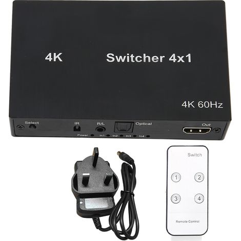 Commande 4Kx2K HDMI Switch 4x1 avec Contrôle Souris/Clavier, Sélecteur Vidéo, Télécommande IR, Adaptateur 100-240V Prise UK (1/5)