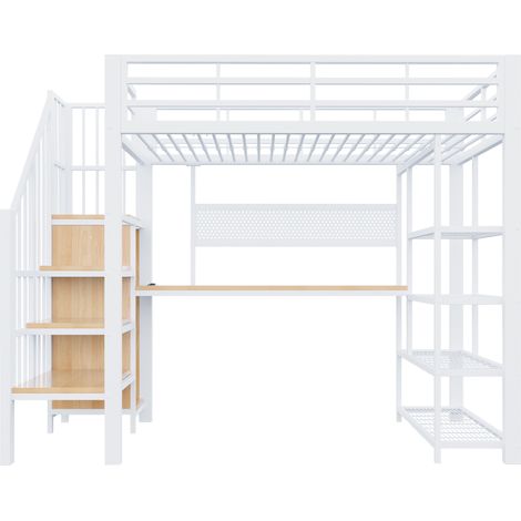 Cama alta metálica blanca 90 x 200 cm con escritorio, estantes, LED y enchufes (1/5)
