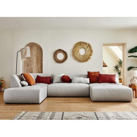 Lisa Design – Canapé d'angle panoramique 7 places – Structure bois et panneaux de particules – Assise mousse polyuréthane – Revêtement tissu 100% polyester – Dimensions L334xH75xP198 cm (1/5)