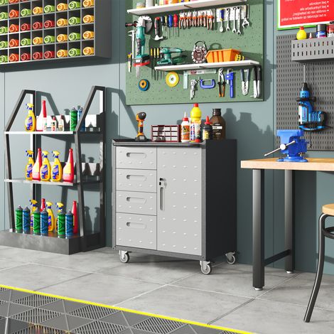 Armoire à outils métal, mobile verrouillable, 4 tiroirs + 1 compartiment, garage/atelier/maison, noir/gris, 75x42x88 cm (1/5)