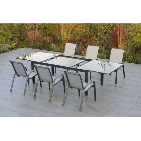 Amalfi Set 7tlg 6 Sessel Tisch 200(300)x110cm Alu/Text