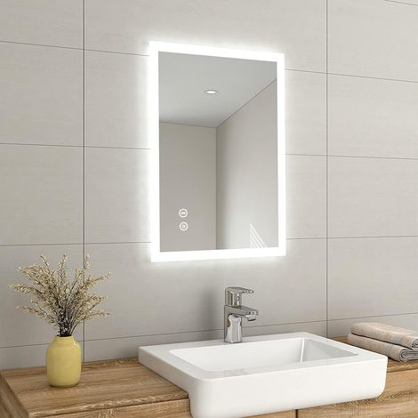 EMKE Backlit Illuminated Bluetooth Bathroom Mirror with Shaver Socket, Wall Mounted Smart Mirror with Fuse & Demister, 500x700mm (1/5)