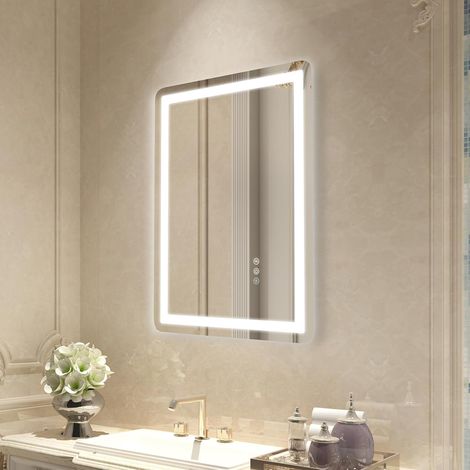 Miroir de Salle de Bain à LED, 50 x 70 cm, Miroir de Maquillage avec éclairage Frontal et rétroéclairé, Miroir Mural à mémoire antibuée avec lumières, intensité Variable en continu à 3 Couleurs (1/5)