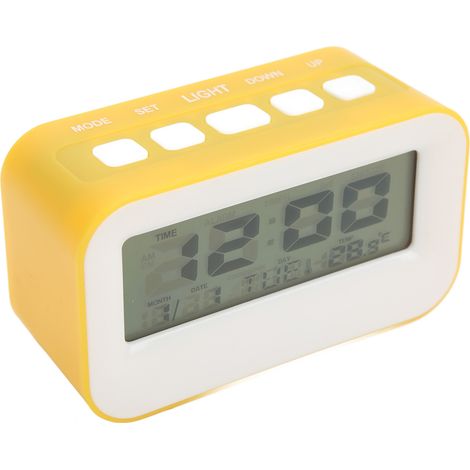 Réveil enfant LCD jaune avec rétroéclairage, alarme musicale, fonction compte à rebours, rappel d'anniversaire et alarme numérique. (1/5)