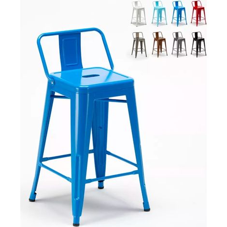 Tabouret de bar cuisine industriel en acier avec dossier h61cm Steel Top - Bleu