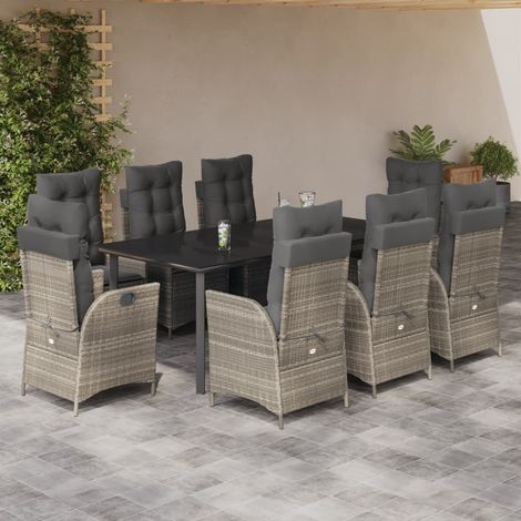 9-tlg. Garten-Essgruppe mit Kissen Hellgrau Poly Rattan