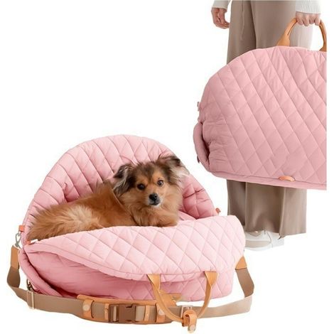 Sac de Transport Chien Chat 3 en 1 Matelassé Rose - Siège Auto Panier Lit Portable Lavable Isolant - Sac à Main Bandoulière Petit Chien Chat Voyage Voiture Maison 36x38x28 cm (1/2)