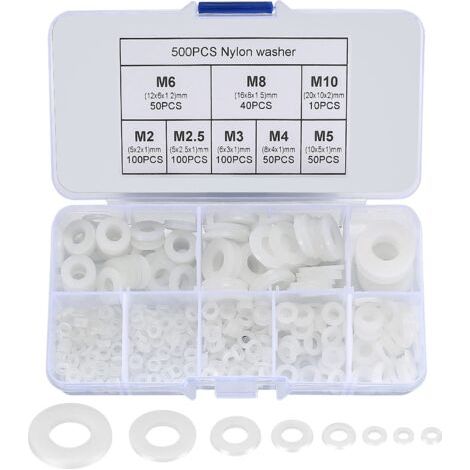 500 pièces rondelle plate en nylon, rondelle plate isolée joint rond joint d'étanchéité kit d'assortiment de tuyaux-M2/M2.5/M3/M4/M5/M6/M8/M10 (B-Blanc) (1/5)