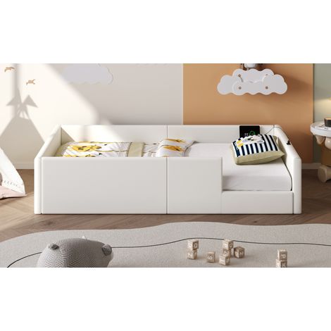 Bett 90x200 cm gepolstert, modern, MDF und PU in Weiß, mit Schutzgeländer, Ladestation und Lattenrost (1/5)