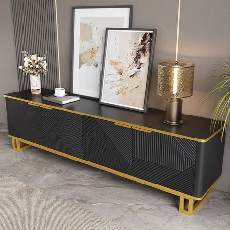 Meuble TV 4 portes, support téléviseur bas design unique avec texture géométrique, 160 x 37,5 x 48 cm (L x P x H) (1/5)
