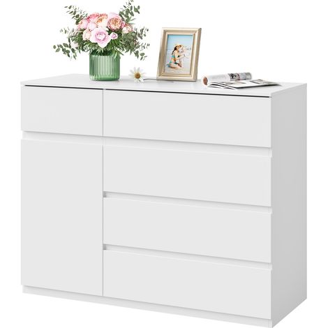 Woltu – Commode enfant 5 tiroirs et 1 placard – Rangement flexible en panneaux E1 mélaminés – Dimensions 100x40x80 cm – Blanc antirayures