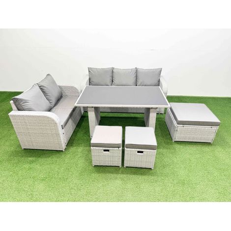Fimous Garden Furniture Set PE Ratten Garden Sofa Set with Rectangular Dining Table 3 Stool Light Grey (1/4)