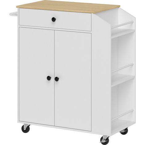 Carro de cocina con isla y encimera blanco con cajón, armario, estantes y ruedas (1/5)