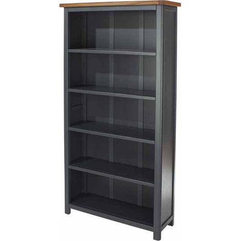 Tall Bookcase - Hardwood/Softwood/MDF - 90 x 30 x 180 cm - Midnight Blue/Antique Oak Effect Wax