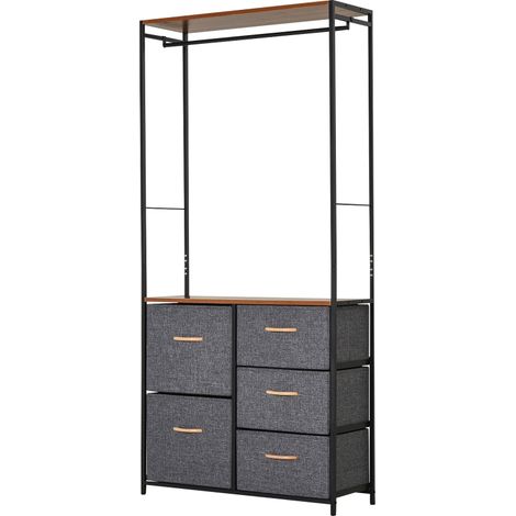 Chest of Drawers with Coat rack Steel Frame 5 Drawers Bedroom Hallway Home Furniture Black Brown