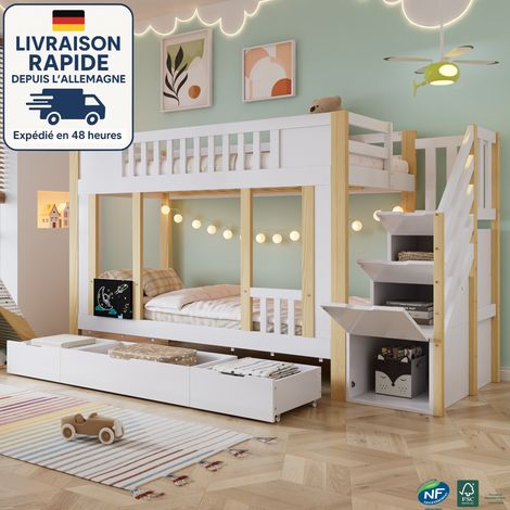 Litera infantil de 90 x 200 cm blanca y natural, con armario-escalera con almacenaje, 3 cajones con ruedas, panel de juegos y estructura de madera y MDF. (1/5)