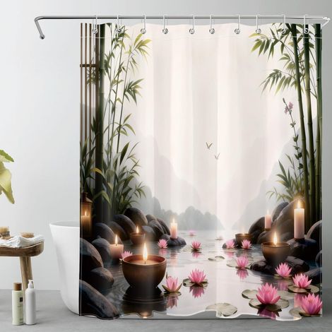 Spa Zen Rideaux de Douche 150x200cm Fleur Rose de forêt de Bambou Vert Rideaux de Bain avec Crochets,Paysage montagneux Extra Longue Imperméable Polyester Anti Moule Salle de Bain Décor (1/5)